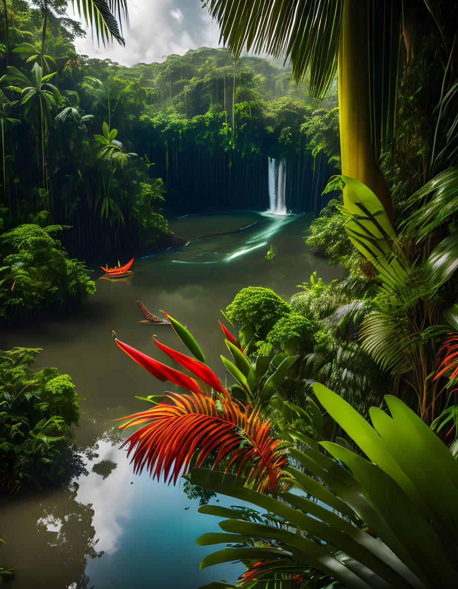 Tranquil Tropical Waterfall in Lush Jungle with Sunlight Shafts