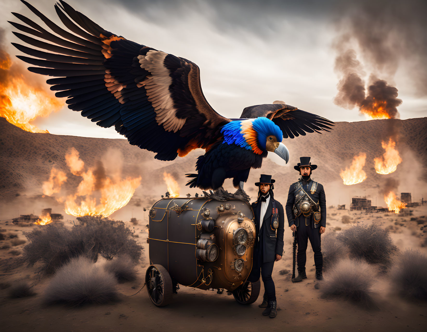 Steampunk-themed desert scene with individuals, fire, and fantastical bird.