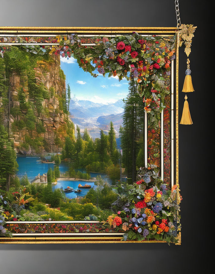 Floral-adorned frame with serene landscape and boating scene