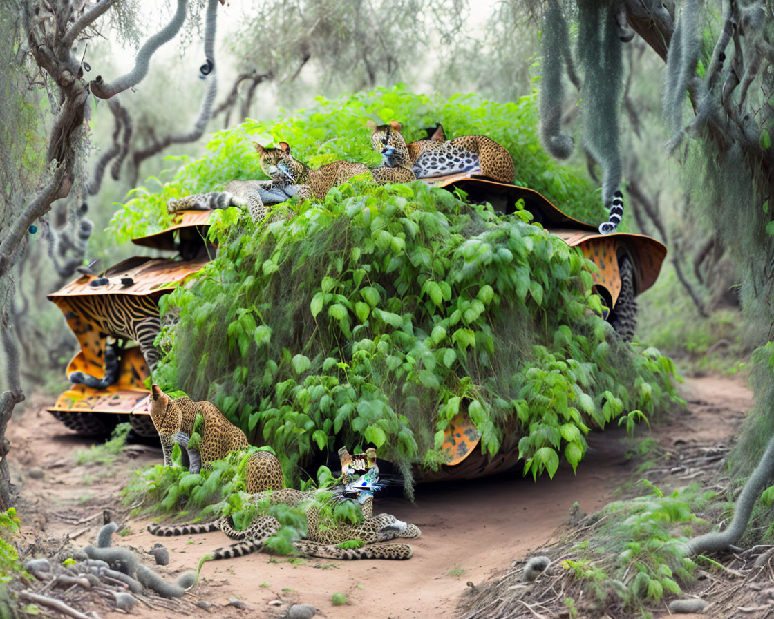 Leopards camouflaged in overgrown tanks in lush forest.