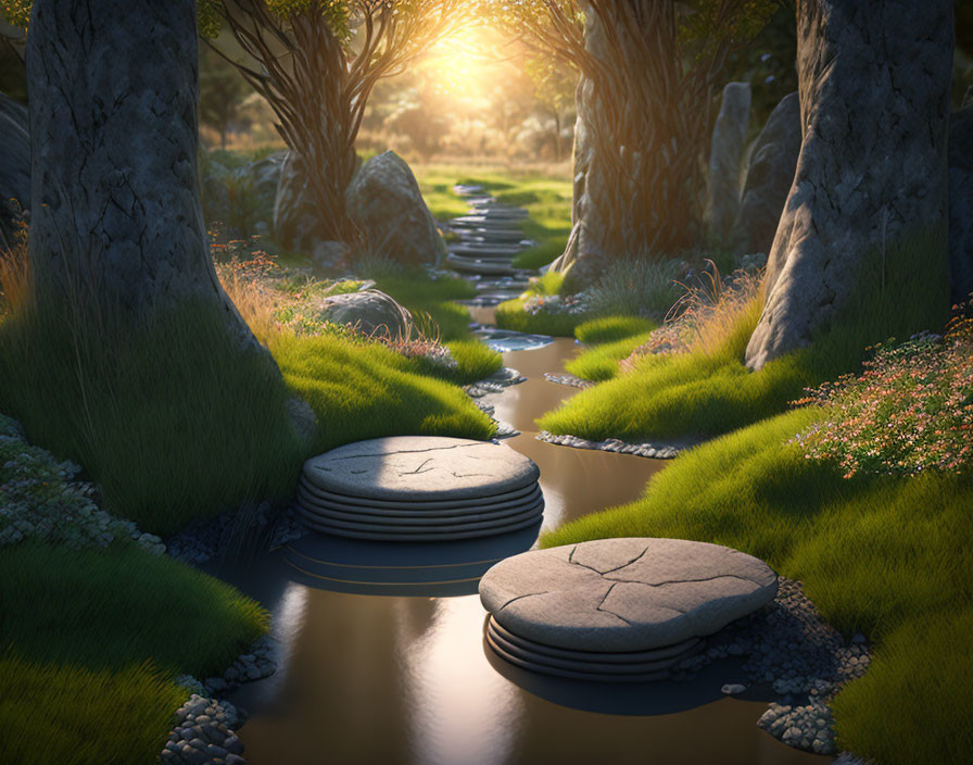 Tranquil Stream Amid Ancient Trees and Stepping Stones