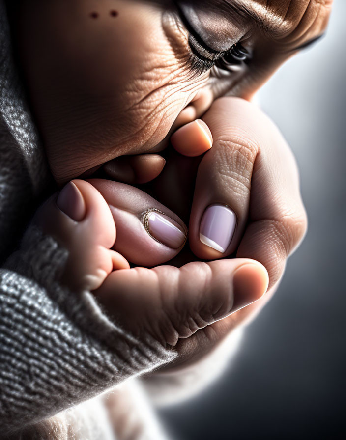 Person's Hands Cupped Near Face - Close-up Shot Showing Contemplation or Sadness