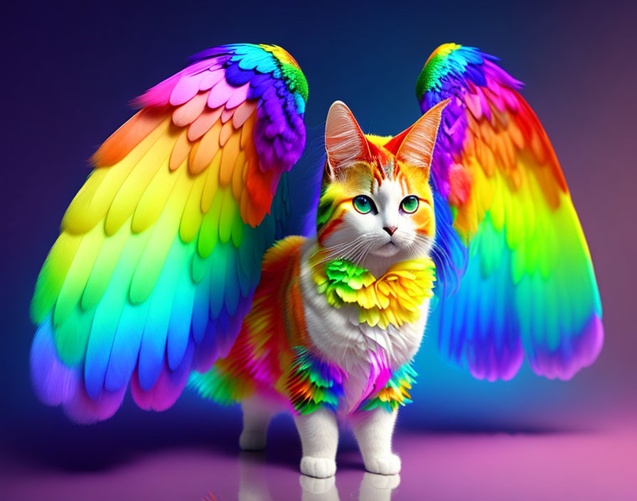 Colorful Cat with Rainbow Wings on Purple Background