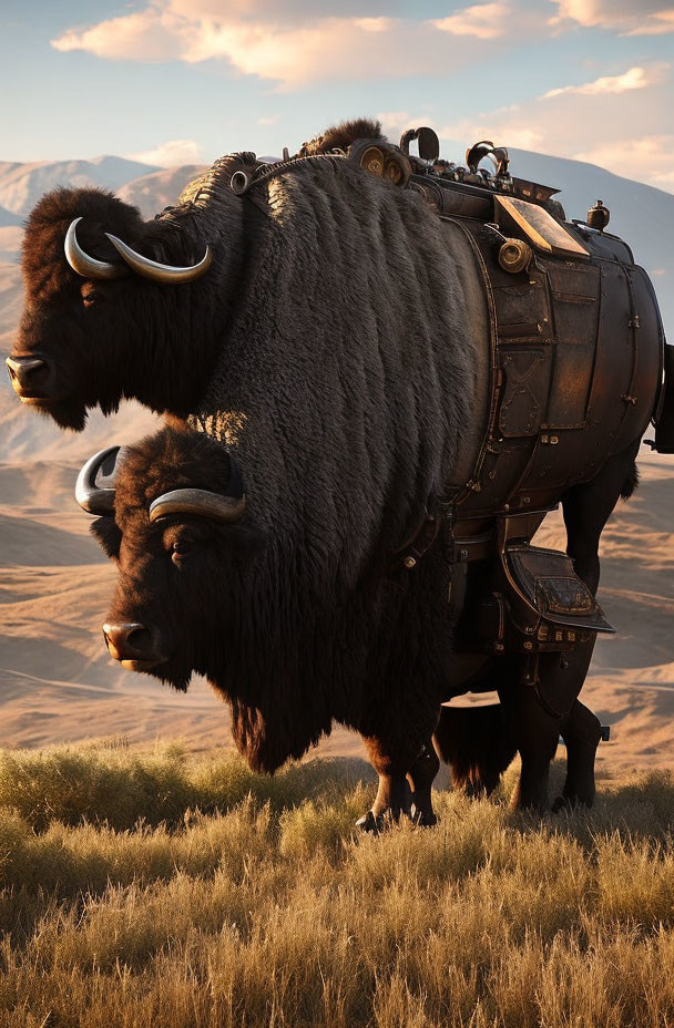 Armored bison with mechanical enhancements in grassy landscape