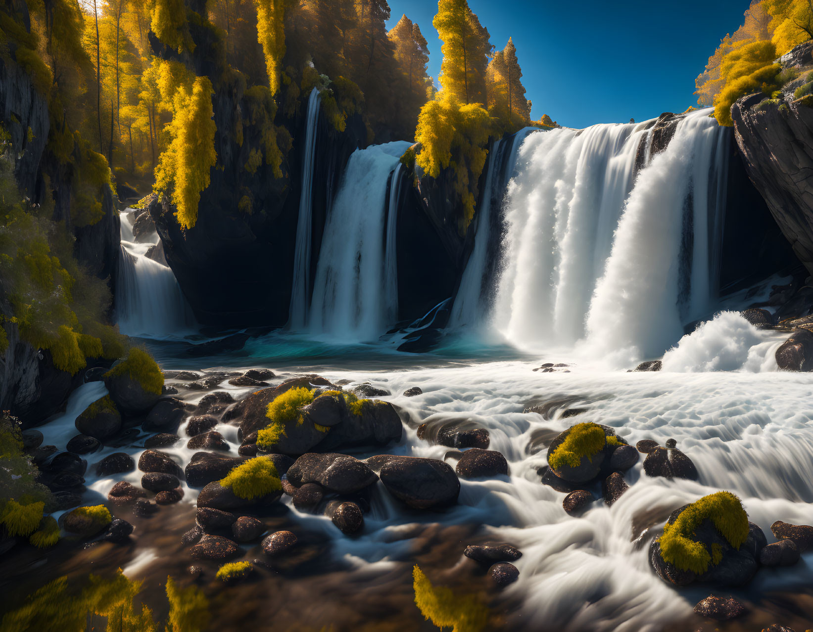 Vibrant autumn trees and moss-covered rocks at majestic waterfall