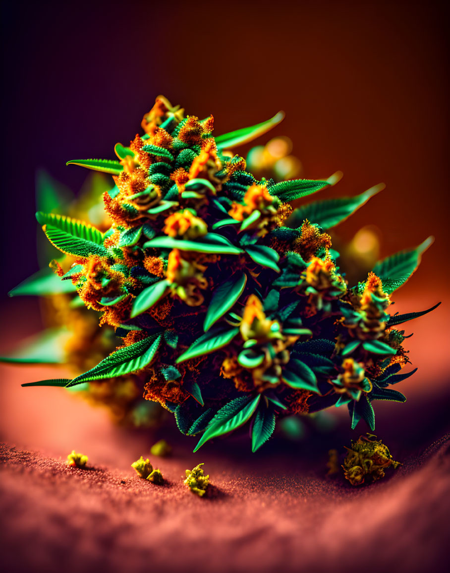 Vibrant healthy cannabis bud with trichomes and green leaves.