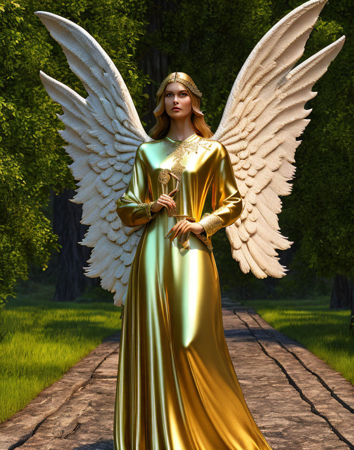 Digital illustration: Woman with white wings, golden attire, holding scepter on forest path