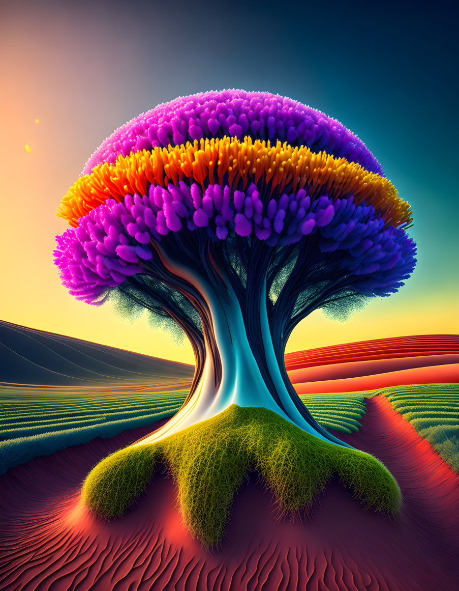 Colorful digital artwork: Tree with mushroom-like canopy in surreal landscape