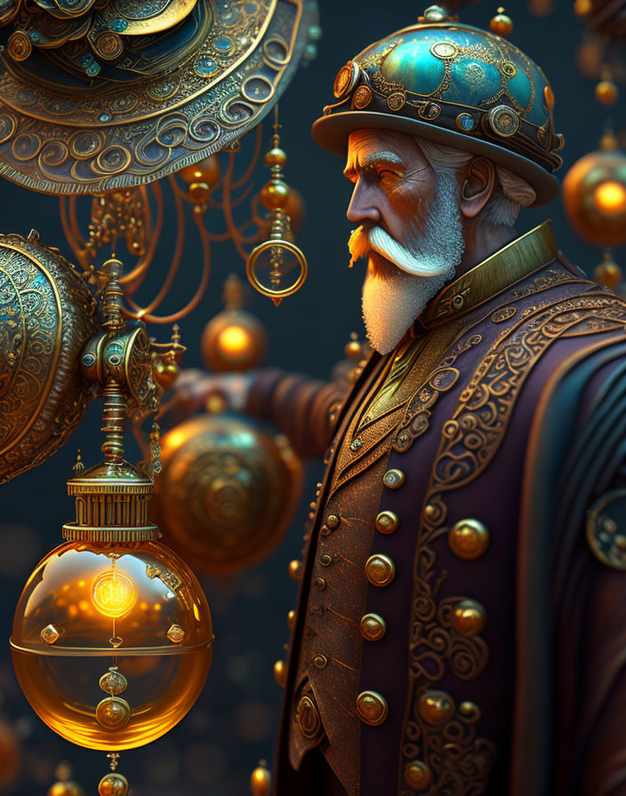 Steampunk-themed image of bearded gentleman in vintage attire with mechanical globes and gears.