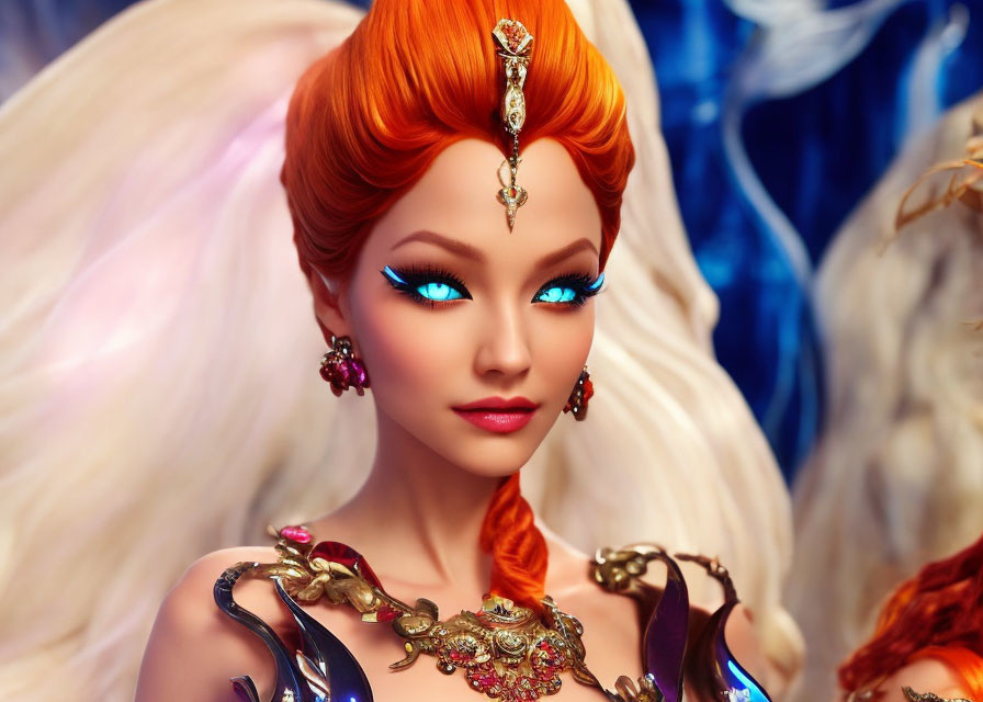 Red-haired female character with blue eyes and ornate jewelry in fantasy artwork