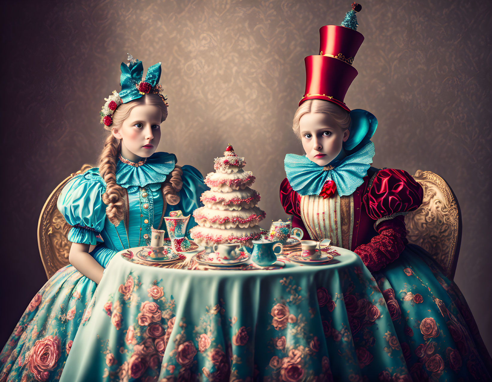 Children in Alice in Wonderland Costumes with Tiered Cake and Tea Set