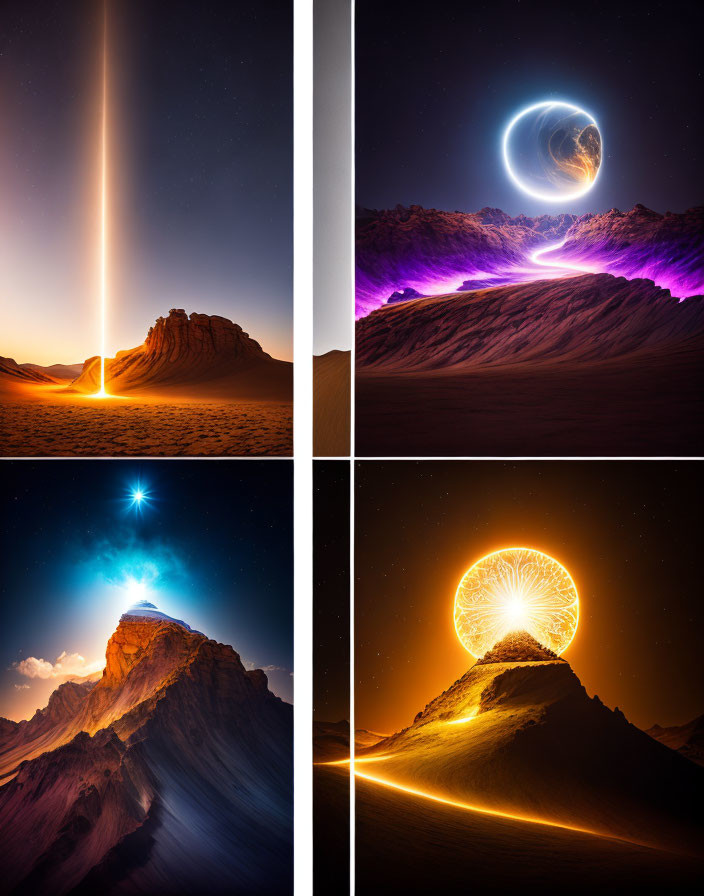 Quadriptych of Surreal Desert Landscapes with Fantastical Elements