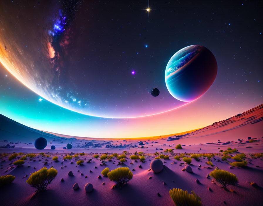 Sci-fi landscape with purple sky, large planets, stars, and desert terrain