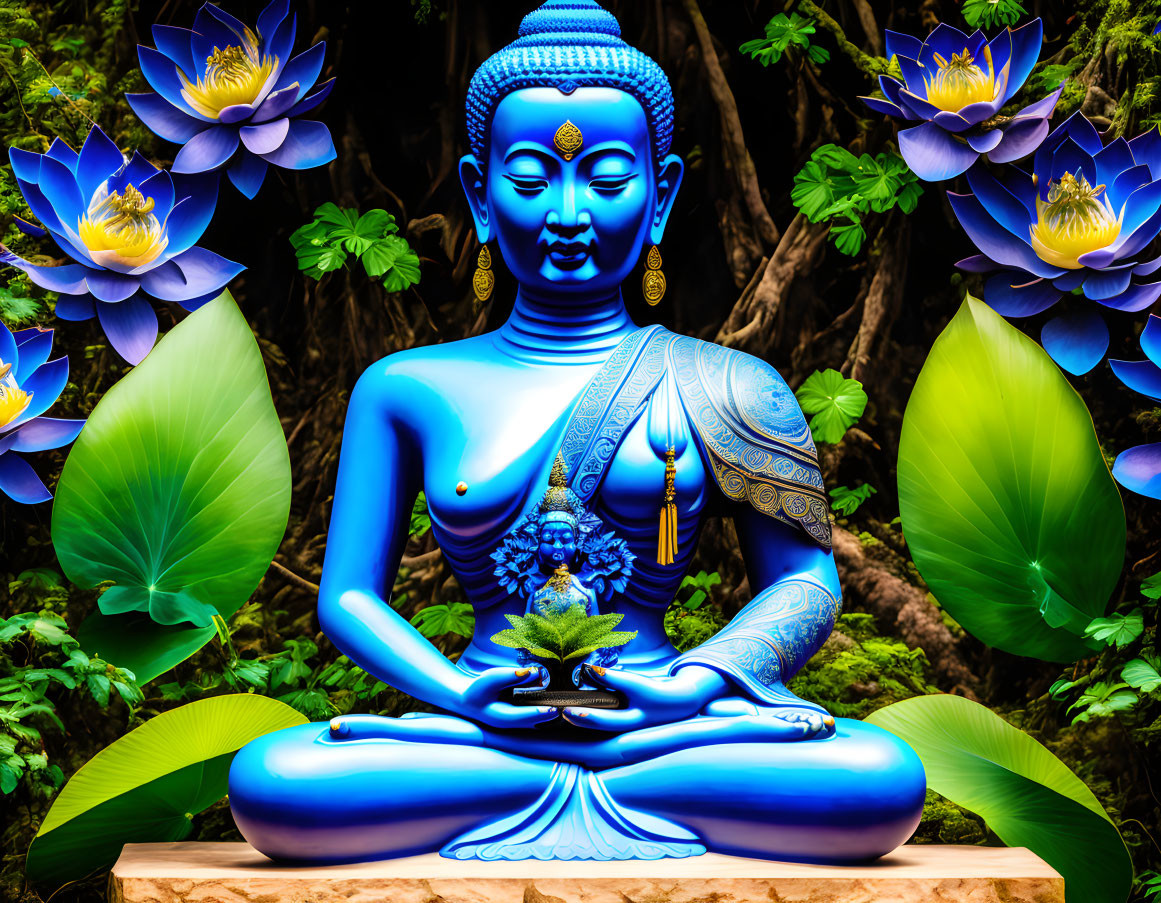 Blue Buddha Statue Meditating Among Lotus Flowers