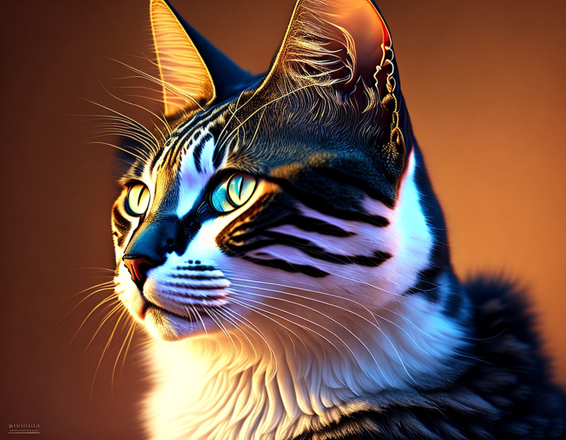 Detailed Cat with Blue Eyes and Stripes on Amber Background