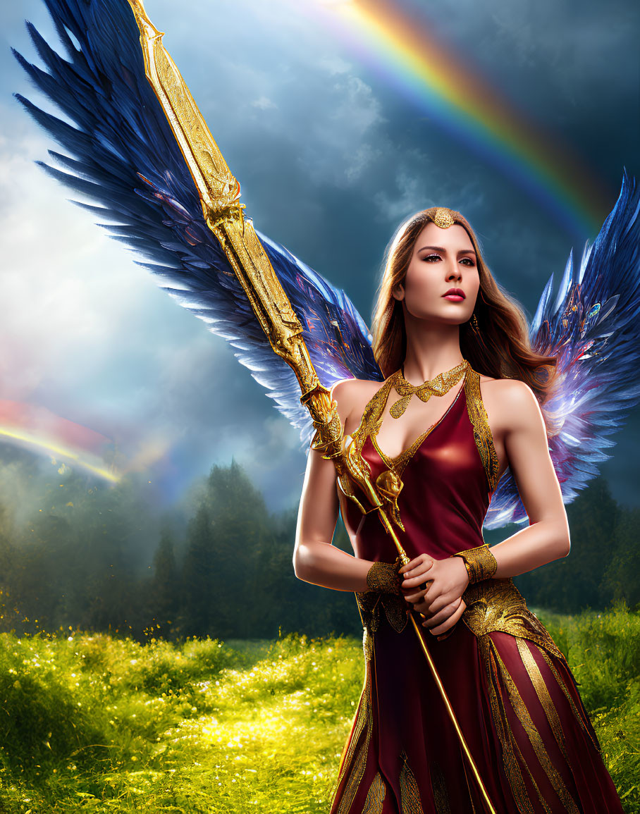 Blue-winged woman in red dress with golden spear under rainbow sky