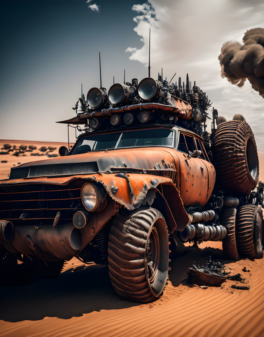 Armored post-apocalyptic vehicle with large tires in desert landscape