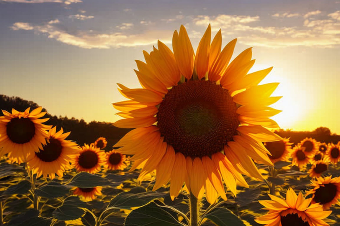 Sunflower field at sunset with warm glow on flowers