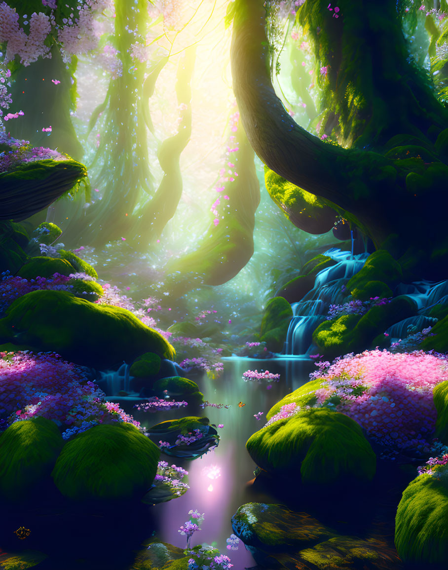 Tranquil Enchanted Forest with Pink Blossoms and Moss-Covered Rocks