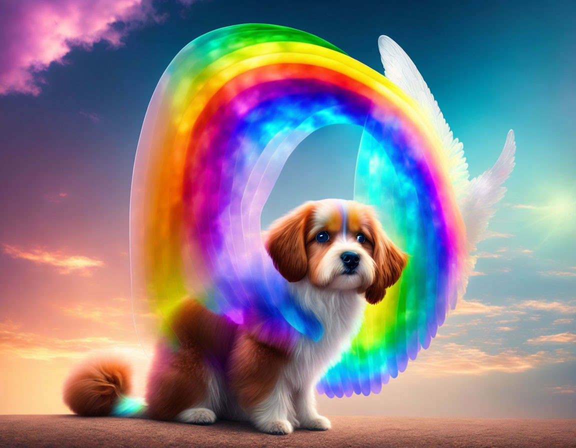 Fluffy Brown and White Dog with Angel Wings Under Rainbow