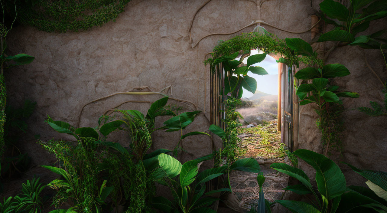 Stone wall with arched doorway and lush green plants in serene setting