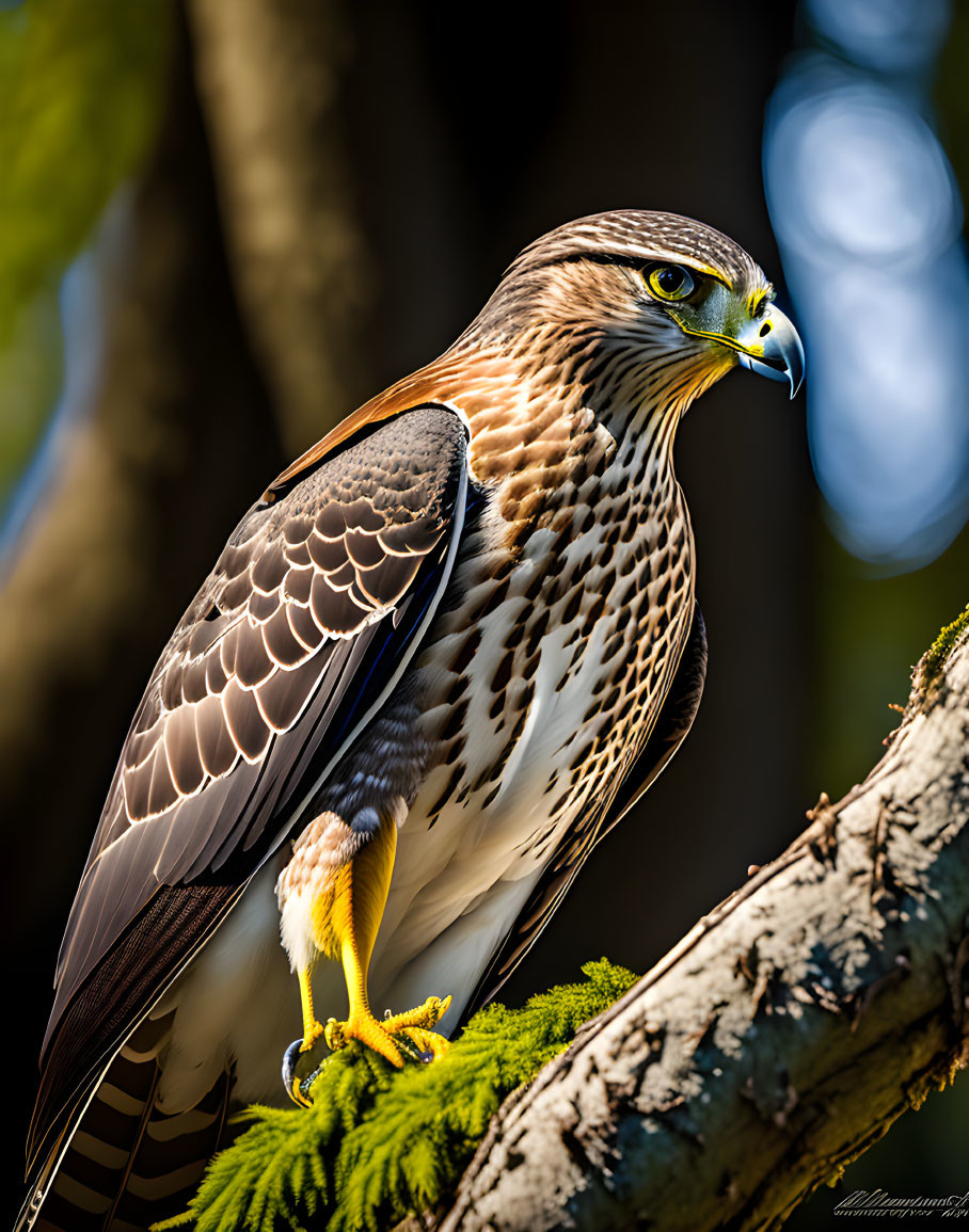 Majestic bird of prey with sharp beak and detailed plumage on mossy branch