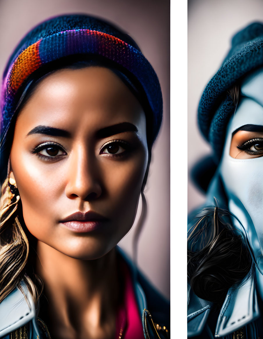 Stylized portraits of a woman with colorful beanie and dramatic lighting