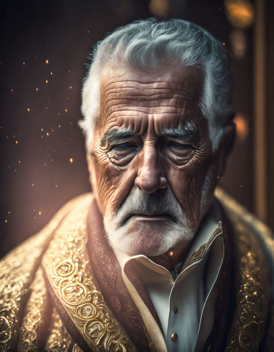 Elderly man in golden robe with white hair and mustache against twinkling lights