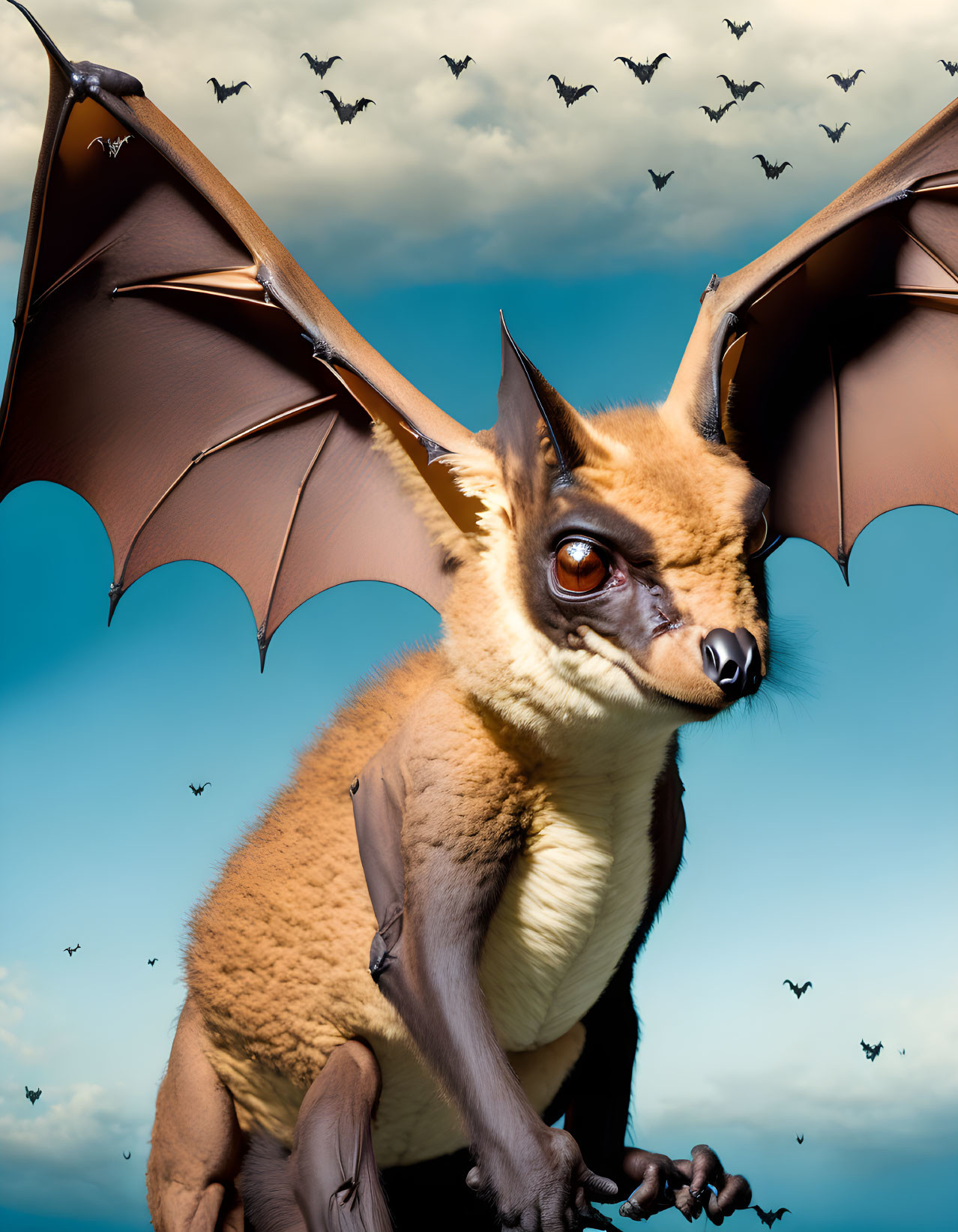 Kangaroo-bodied creature with bat-like features in sky with flying bats