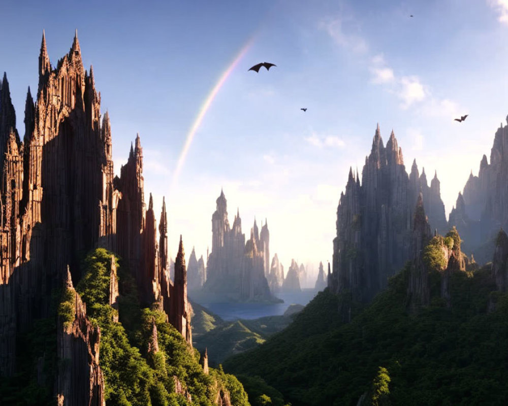 Majestic landscape with towering rock spires, greenery, birds, sunlight, and rainbow