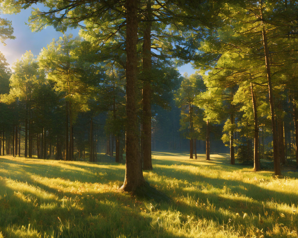 Serene forest scene with sunlight filtering through lush greenery