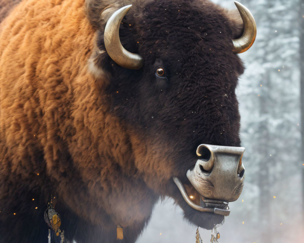 Bison with Metal Nose Ring and Ornaments in Close-up Shot