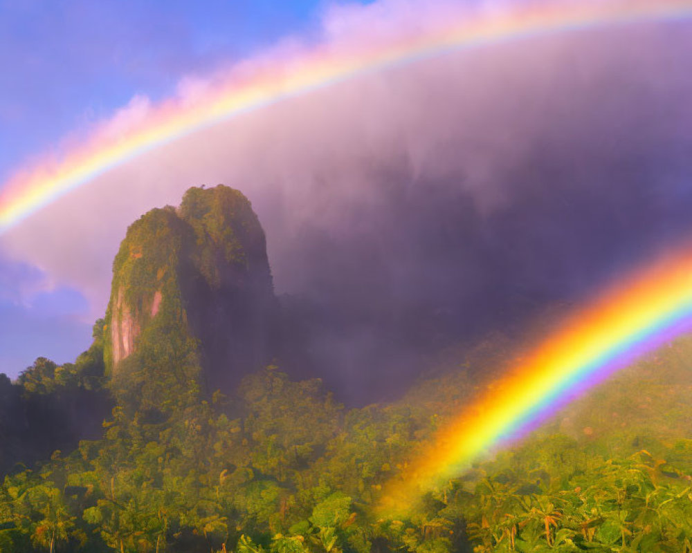 Colorful rainbow over lush tropical forest and misty mountain.