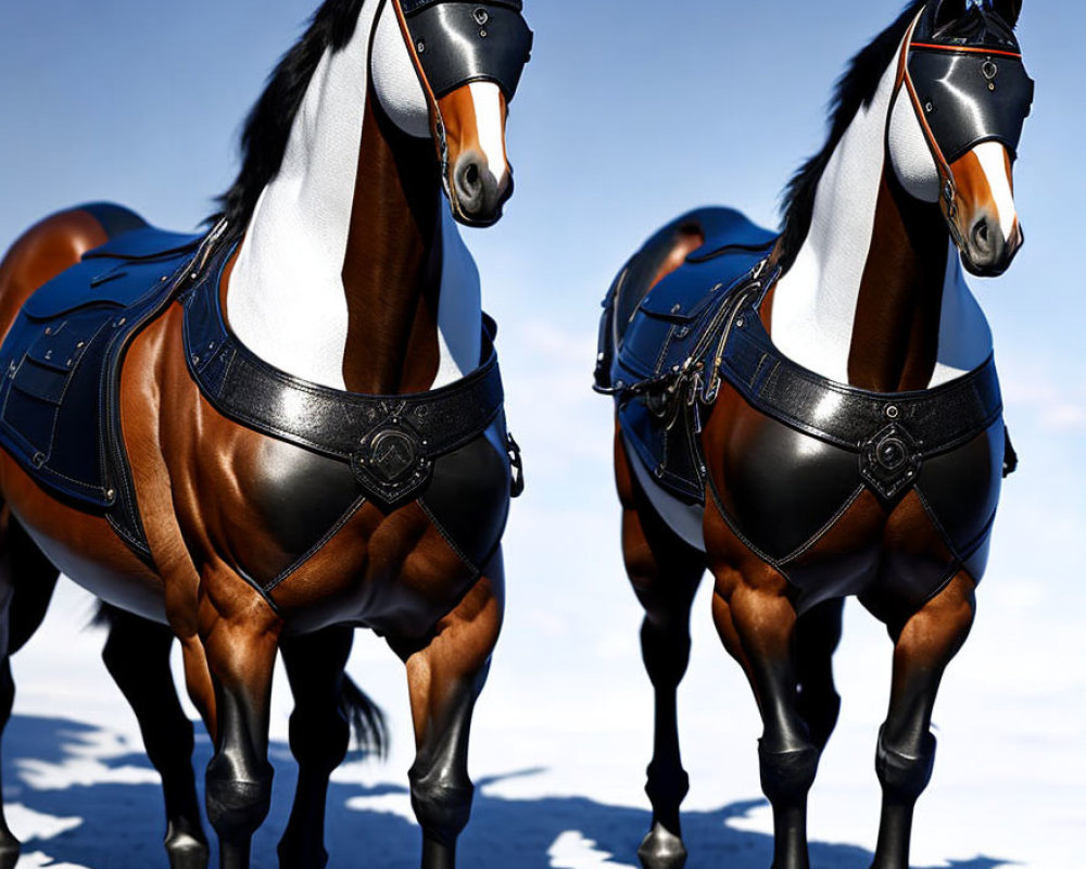 Two horses with shiny coats and blue saddles standing under clear blue sky