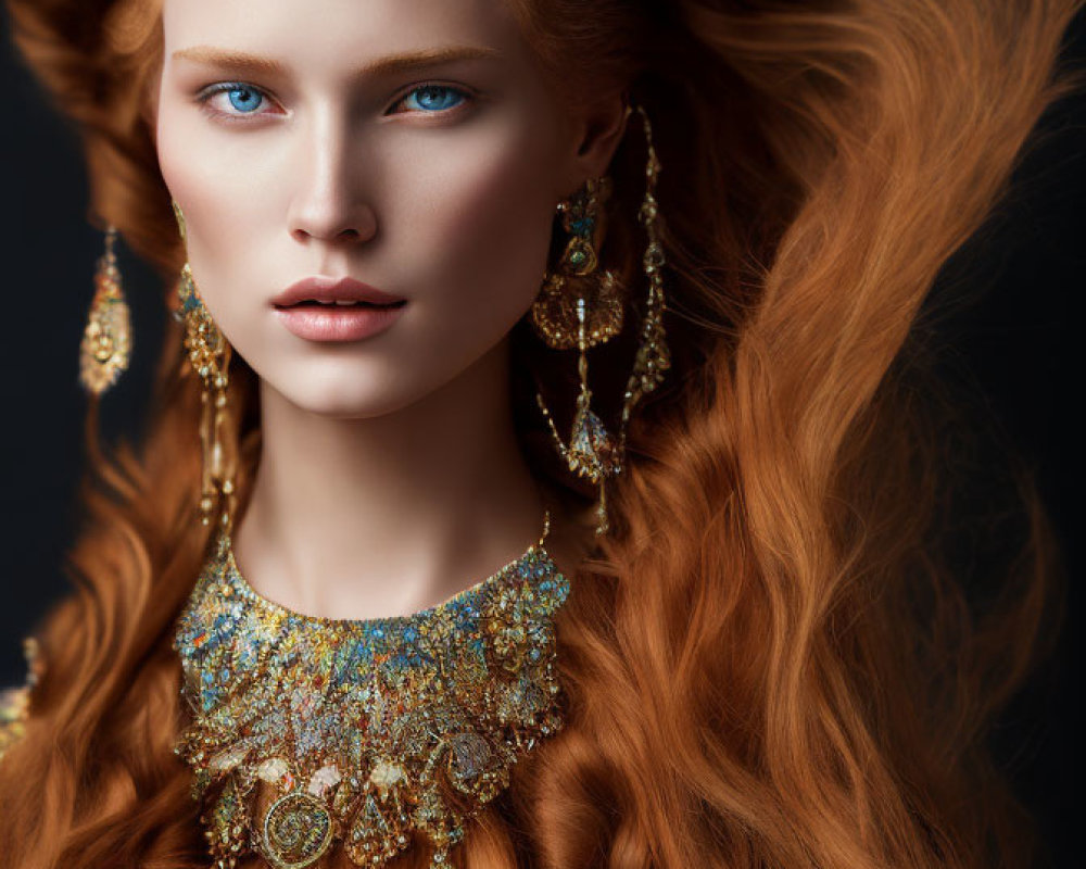 Woman with Blue Eyes and Red Hair in Gold Jewelry