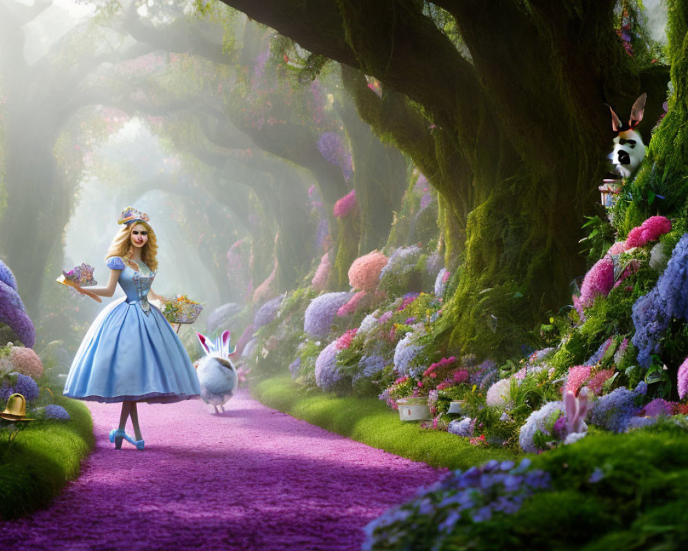 Girl in blue dress and white apron follows rabbit on flower-lined path