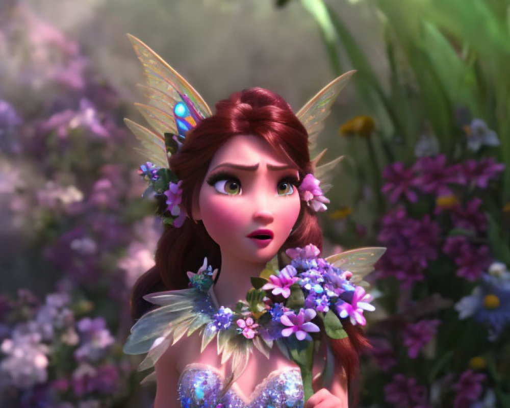 Pensive fairy with butterfly wings in colorful floral setting