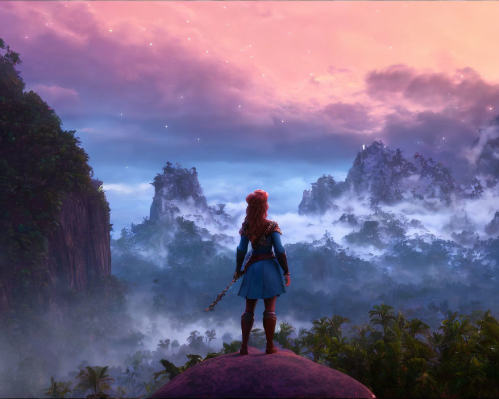 Red-Haired Character on Rock Gazes at Misty Mountain Landscape at Dawn