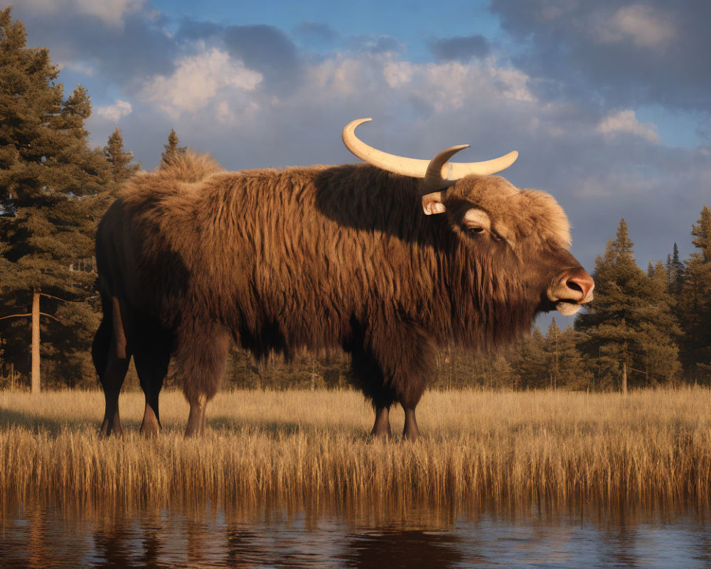 Brown-haired muskox in golden field with evergreen backdrop at dusk