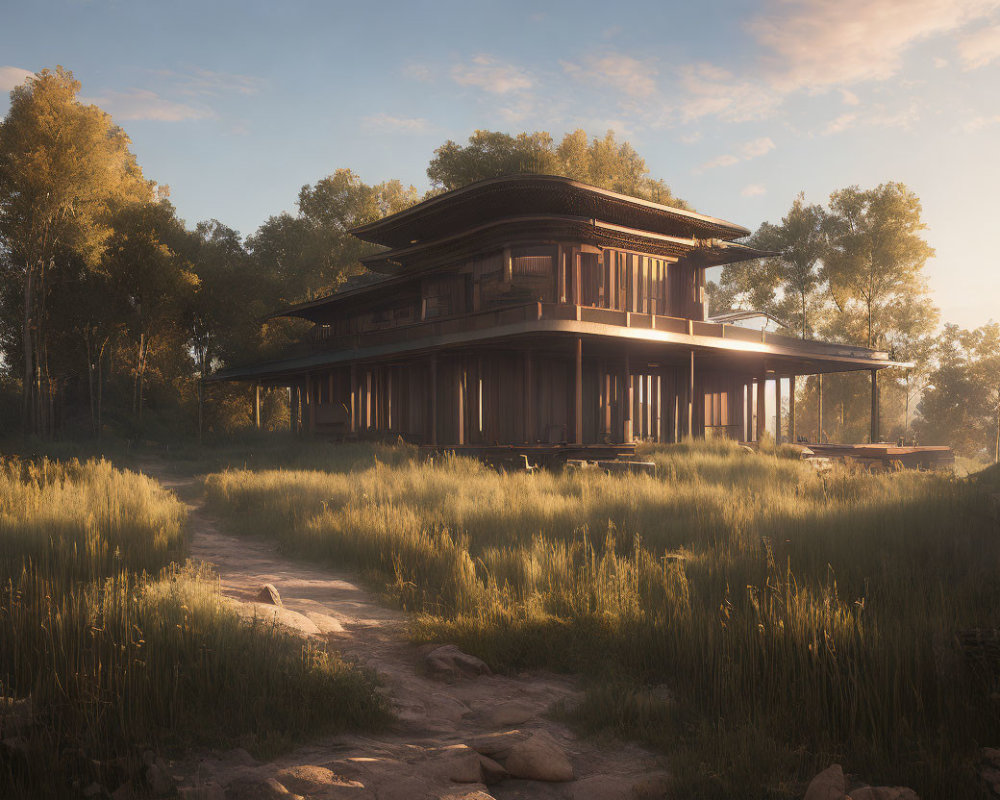 Traditional Wooden House Surrounded by Tall Grass and Sunlit Pathway