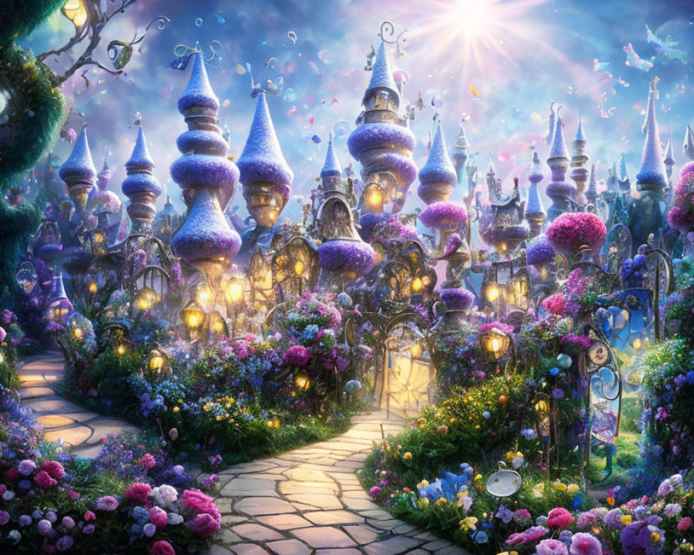 Fantasy garden with glowing lanterns and vibrant flowers