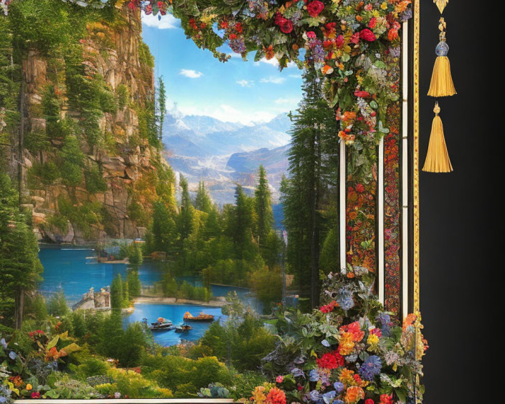 Floral-adorned frame with serene landscape and boating scene