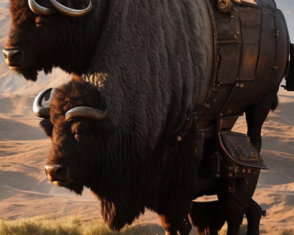 Armored bison with mechanical enhancements in grassy landscape