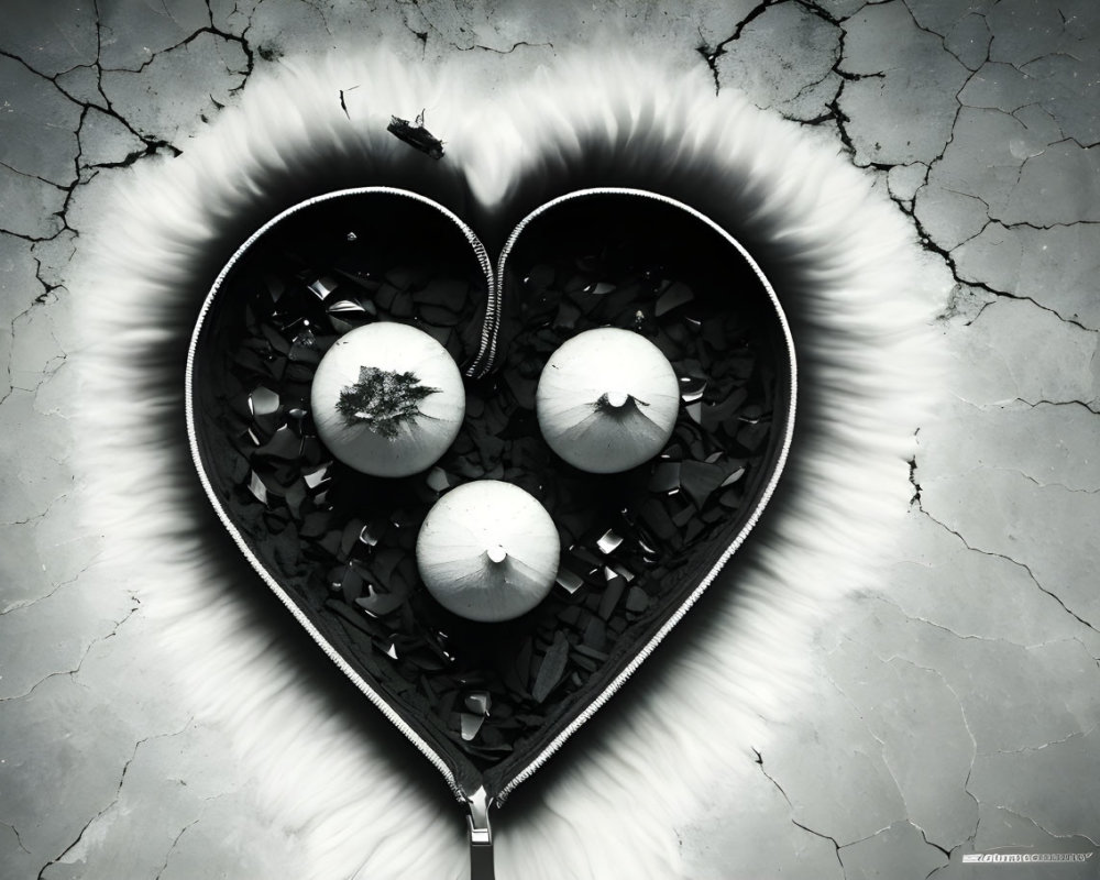 Monochromatic heart-shaped zipper with textured surface and spherical objects.