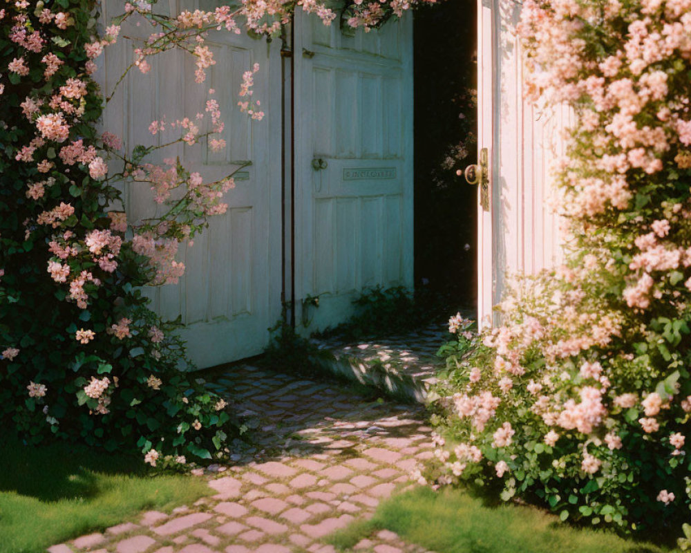 Weathered white doors framed by pink blossoming shrubs in soft sunlight