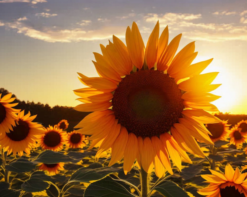 Sunflower field at sunset with warm glow on flowers