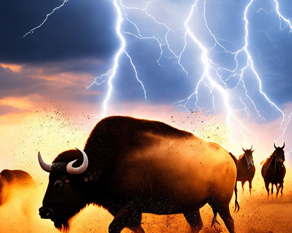 Herd of bison running on grassy plain under stormy sky with lightning bolts