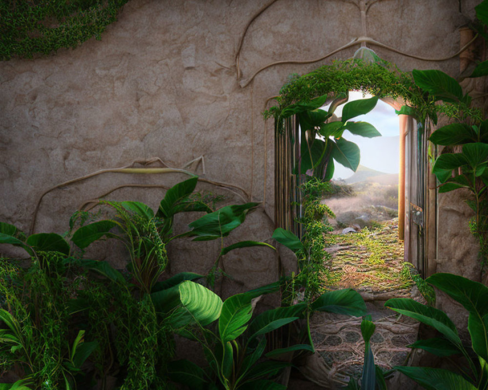 Stone wall with arched doorway and lush green plants in serene setting