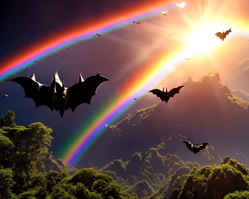 Vibrant rainbow over green mountain landscape with silhouetted bats