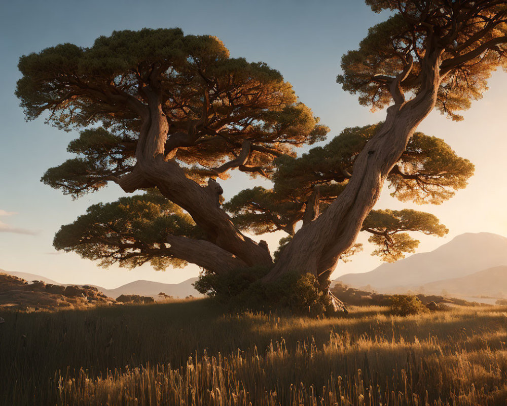 Majestic tree with thick trunk and spreading branches in golden sunlight at sunset